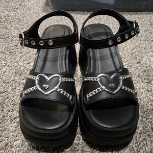Black Heart-Embellished Gothic Platform Sandals